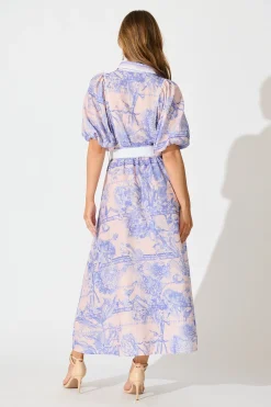 Outlet Garden Spritz Maxi Shirt Dress in Blush with Blue Linen Blend Dresses|Party
