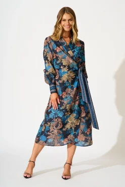 Online Garden Whispers Midi Dress in Black Multi Floral Linen Blend Dresses|Party