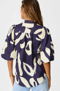 Fashion Gigi Shirt in Navy and Cream Print Cotton Tops