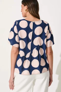 Discount Girona Top In Navy With Blush Spot Cotton Blend Tops|Casual