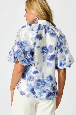 Best Good love Shirt in White with Blue Floral Organza Tops|Party & Occasion