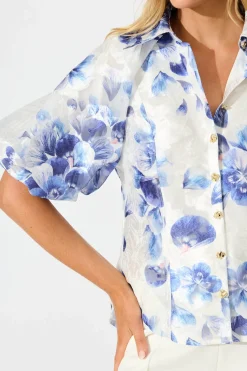 Best Good love Shirt in White with Blue Floral Organza Tops|Party & Occasion