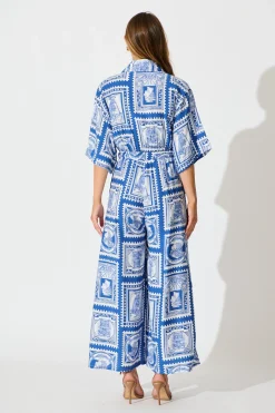 Fashion Gracelands Jumpsuit in Blue with White Stamp Print Bottoms|Playsuits & Jumpsuits