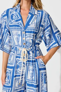 Fashion Gracelands Jumpsuit in Blue with White Stamp Print Bottoms|Playsuits & Jumpsuits