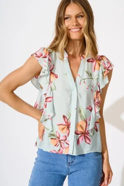 New Hallie Top in Pale Blue with Pink Floral Print Tops|Casual