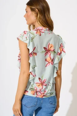 New Hallie Top in Pale Blue with Pink Floral Print Tops|Casual