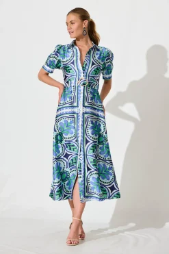 Best Halswell Maxi Shirt Dress In Blue And Green Tile Print Dresses|Casual