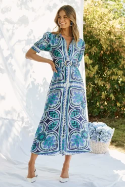 Best Halswell Maxi Shirt Dress In Blue And Green Tile Print Dresses|Casual