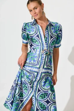 Best Halswell Maxi Shirt Dress In Blue And Green Tile Print Dresses|Casual
