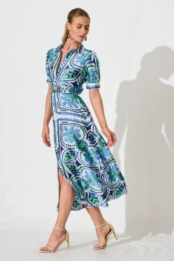 Best Halswell Maxi Shirt Dress In Blue And Green Tile Print Dresses|Casual