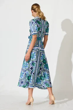 Best Halswell Maxi Shirt Dress In Blue And Green Tile Print Dresses|Casual