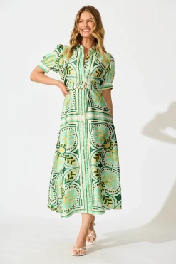 Discount Halswell Maxi Shirt Dress In Green And Yellow Tile Print Dresses|Casual