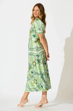 Discount Halswell Maxi Shirt Dress In Green And Yellow Tile Print Dresses|Casual