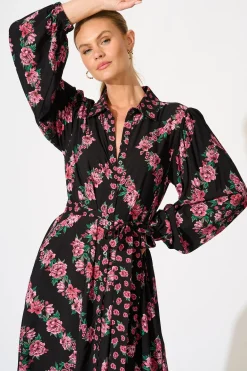 Best Harlee Midi Shirt Dress in Black with Pink Floral Dresses|Casual