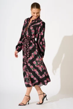 Best Harlee Midi Shirt Dress in Black with Pink Floral Dresses|Casual