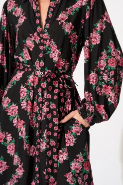 Best Harlee Midi Shirt Dress in Black with Pink Floral Dresses|Casual