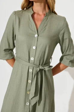Sale Heartland Midi Dress In Khaki Linen Blend Dresses|Casual