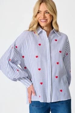 Hot Hearts Desire Shirt in Blue Stripe and Heart Embroidered Tops|Casual