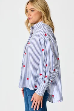 Hot Hearts Desire Shirt in Blue Stripe and Heart Embroidered Tops|Casual