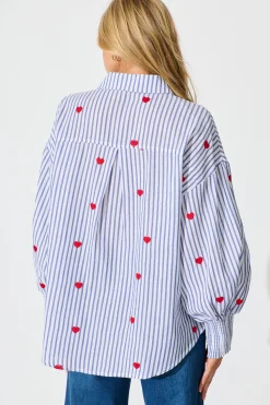 Hot Hearts Desire Shirt in Blue Stripe and Heart Embroidered Tops|Casual
