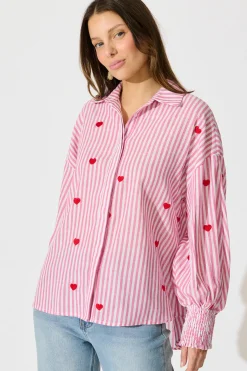Hot Hearts Desire Shirt in Pink Stripe and Heart Embroidered Tops|Casual