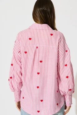 Hot Hearts Desire Shirt in Pink Stripe and Heart Embroidered Tops|Casual