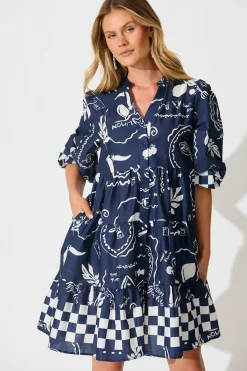 Online Heartvale Smock Dress in Navy with White Cotton Dresses|Casual
