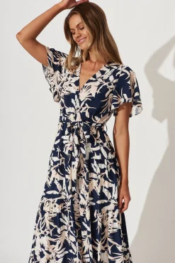 Outlet Heidi Maxi Dress In Navy Leaf Print Dresses|Casual