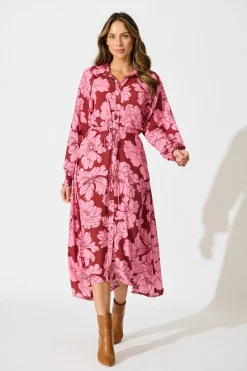 Clearance High Tea Midi Shirt Dress in Wine with Pink Floral Dresses|Casual