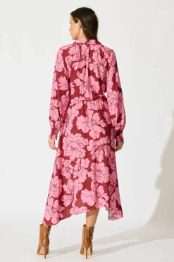 Clearance High Tea Midi Shirt Dress in Wine with Pink Floral Dresses|Casual