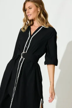 New Honey Midi Shirt Dress In Black Cotton Dresses|Casual