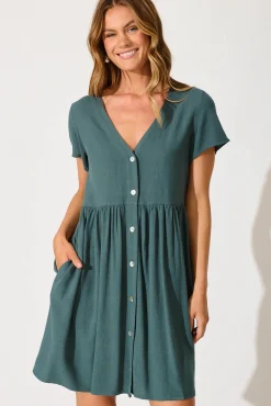 Outlet Horizon Smock Dress In Green Linen Blend Dresses|Casual