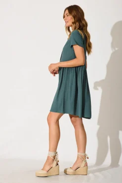 Outlet Horizon Smock Dress In Green Linen Blend Dresses|Casual