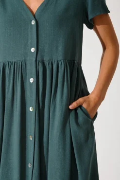Outlet Horizon Smock Dress In Green Linen Blend Dresses|Casual