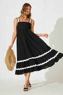 New Idol Midi Sundress In Black With White Ric Rac Trim Cotton Dresses|Casual