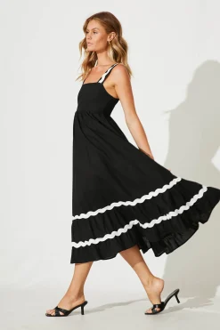 New Idol Midi Sundress In Black With White Ric Rac Trim Cotton Dresses|Casual