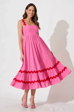Clearance Idol Midi Sundress In Pink With Red Ric Rac Trim Cotton Dresses|Casual