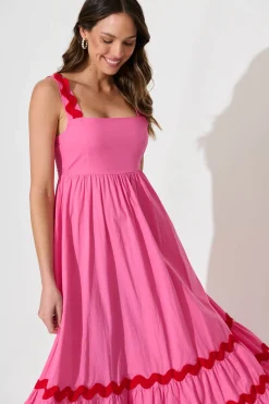 Clearance Idol Midi Sundress In Pink With Red Ric Rac Trim Cotton Dresses|Casual
