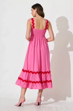 Clearance Idol Midi Sundress In Pink With Red Ric Rac Trim Cotton Dresses|Casual