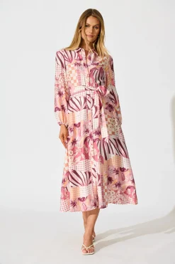 Online Imagination Midi Shirt Dress in Pink Patchwork Floral Dresses|Casual