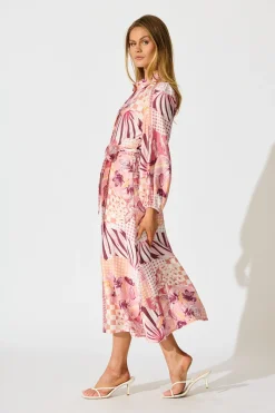 Online Imagination Midi Shirt Dress in Pink Patchwork Floral Dresses|Casual