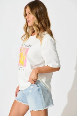 Fashion In the Groove T Shirt In White With Lemon Print Cotton Tops|Casual