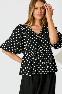 Outlet In the Spotlight Tie Front Top in Black with White Polka Dot Tops|Casual