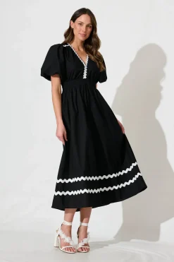 Sale Indi Maxi Dress In Black With White Ric Rac Trim Cotton Dresses|Casual