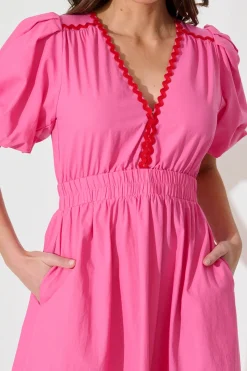 Fashion Indi Maxi Dress In Pink With Red Ric Rac Trim Cotton Dresses|Casual