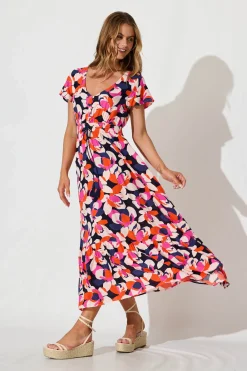 Hot Ingra Maxi Dress In Navy With Multi Print Dresses|Casual