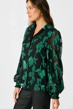 Clearance Irene Shirt in Black with Emerald Floral Burnout Chiffon Tops|Party & Occasion