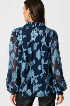 Outlet Irene Shirt in Navy with Blue Floral Burnout Chiffon Tops|Party & Occasion