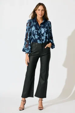 Outlet Irene Shirt in Navy with Blue Floral Burnout Chiffon Tops|Party & Occasion