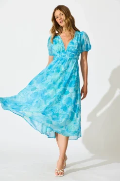 Clearance Isolene Maxi Dress in Blue Watercolour Chiffon Dresses|Casual